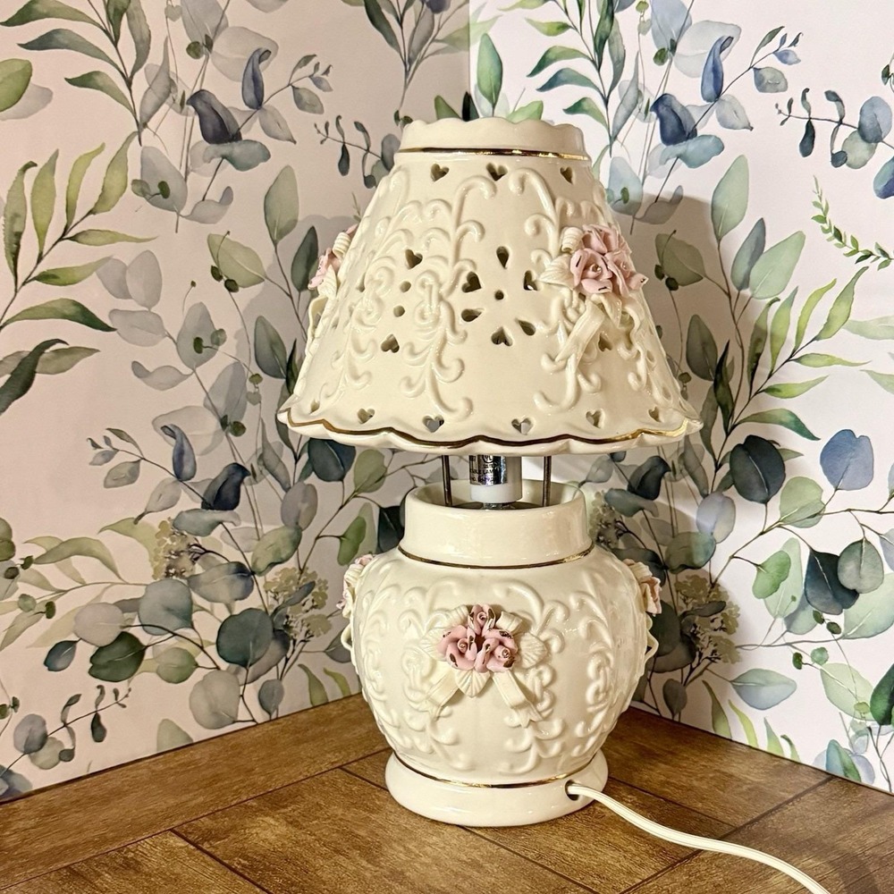 Vintage Lenox Victorian Lamp Ivory Pink Roses Gold Accents Heart Porcelain